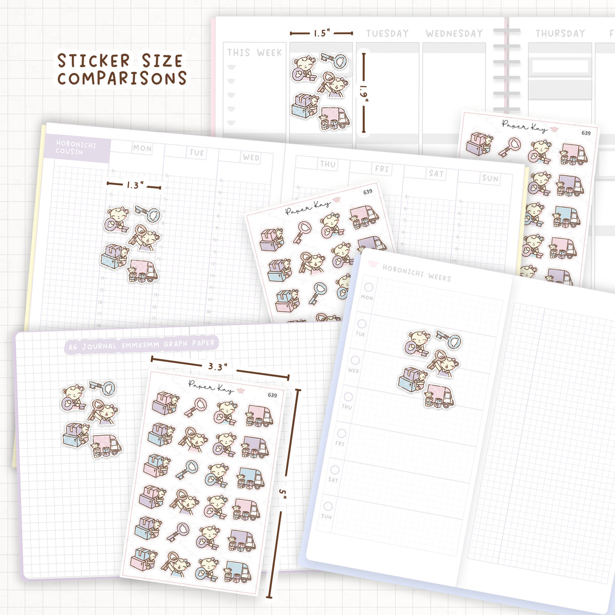 Sticker size comparisons against existing different sized planners.