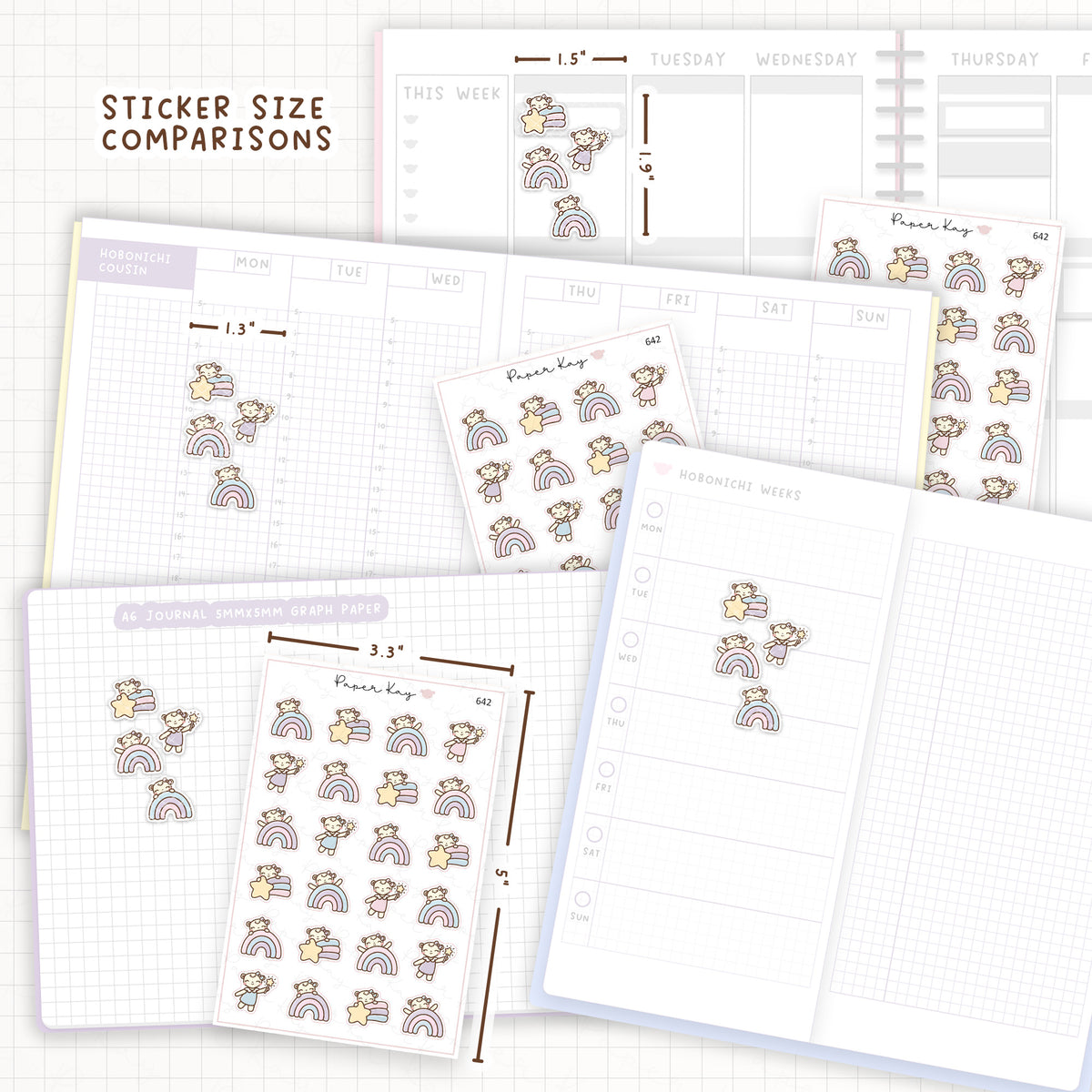 Sticker size comparisons against existing different sized planners.