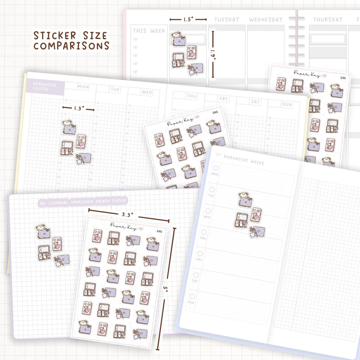 Sticker size comparisons against existing different sized planners.