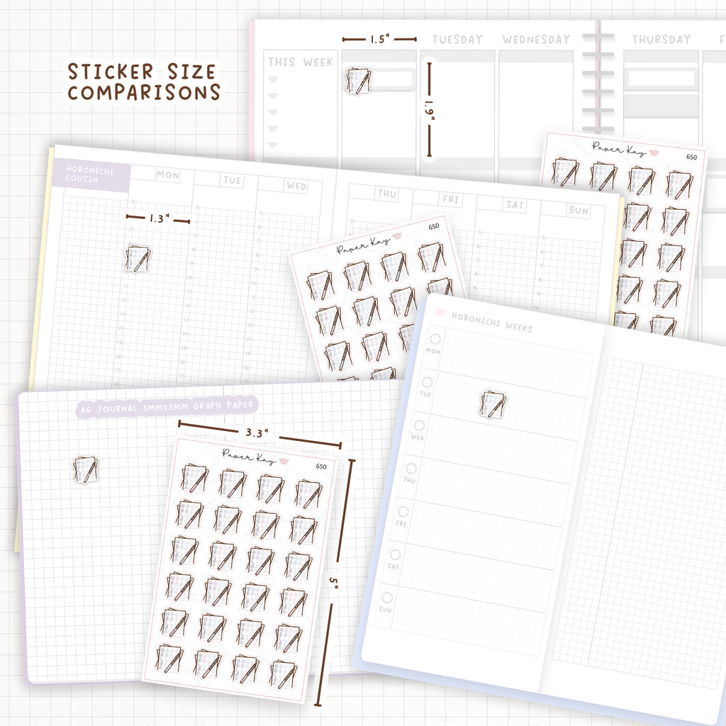 Sticker size comparisons against existing different sized planners.