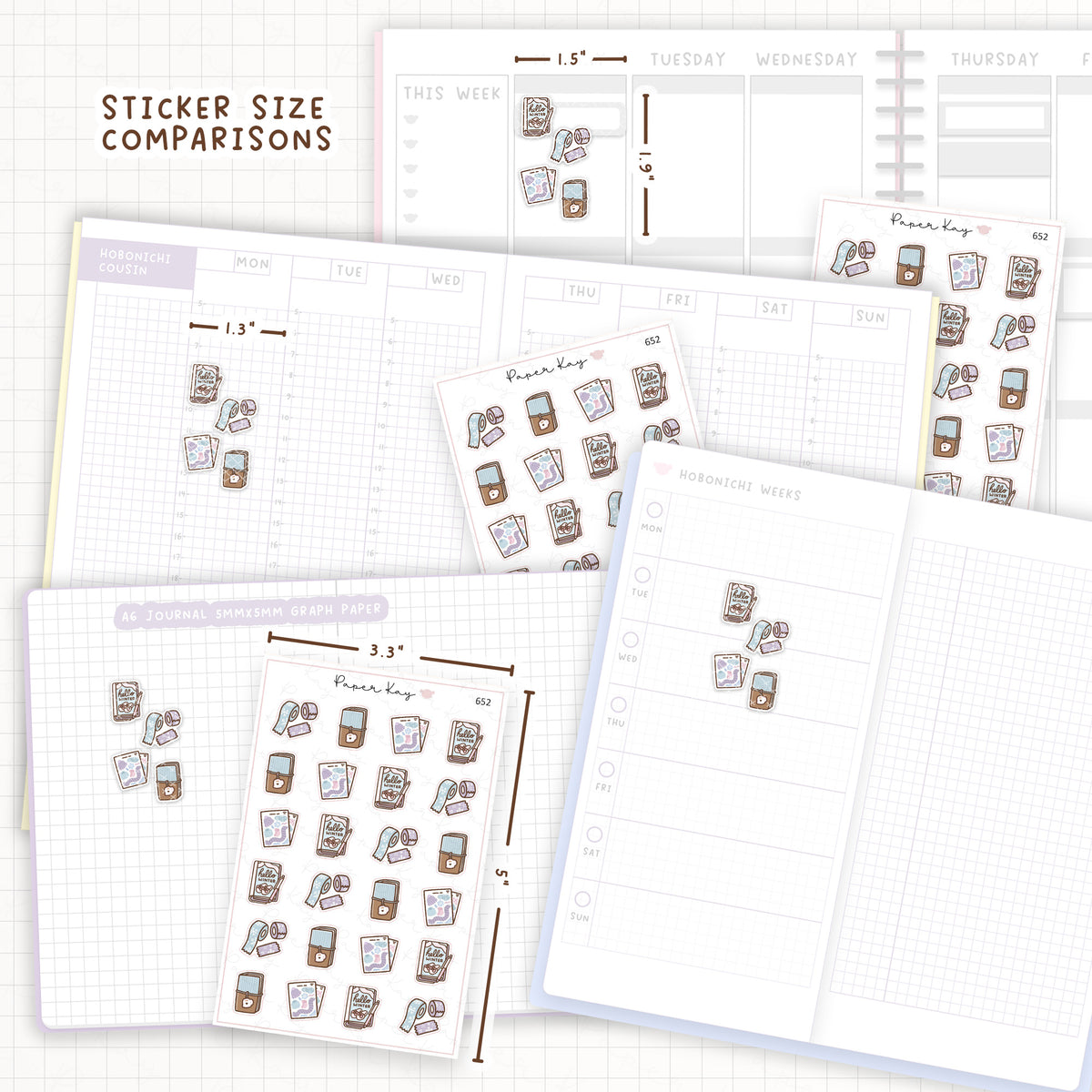 Sticker size comparisons against existing different sized planners.