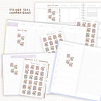 Sticker size comparisons against existing different sized planners.