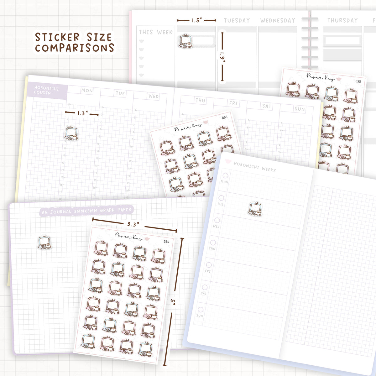 Sticker size comparisons against existing different sized planners.