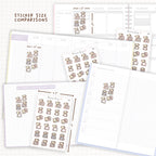 Sticker size comparisons against existing different sized planners.