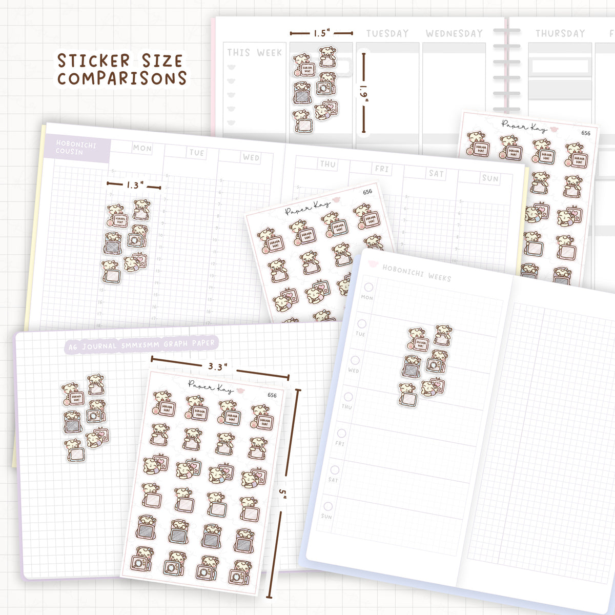 Sticker size comparisons against existing different sized planners.
