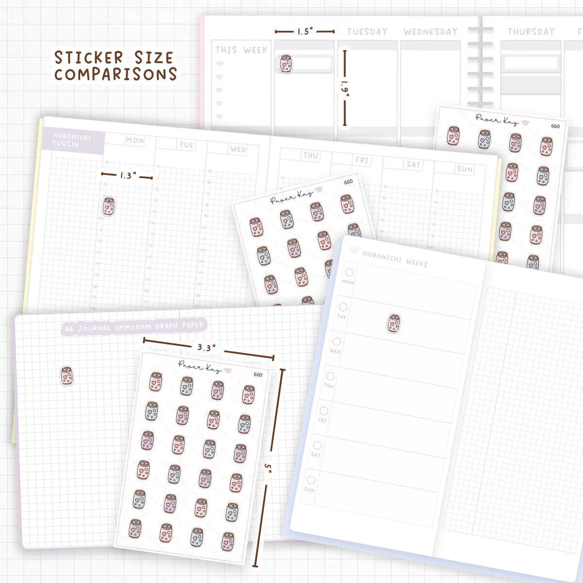 Sticker size comparisons against existing different sized planners.