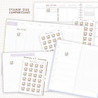 Sticker size comparisons against existing different sized planners.