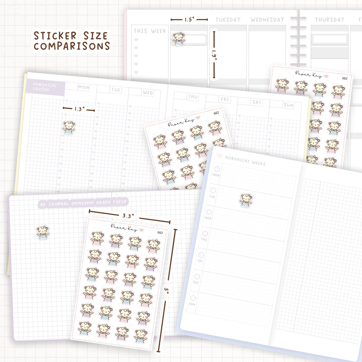 Sticker size comparisons against existing different sized planners.