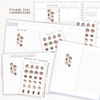 Sticker size comparisons against existing different sized planners.