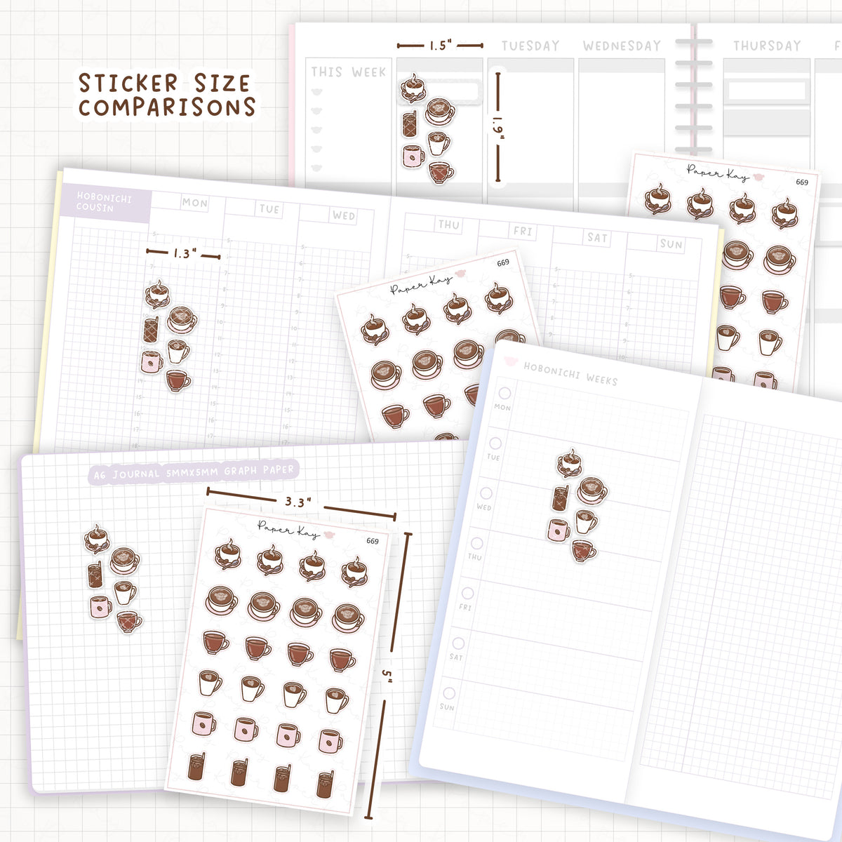 Sticker size comparisons against existing different sized planners.