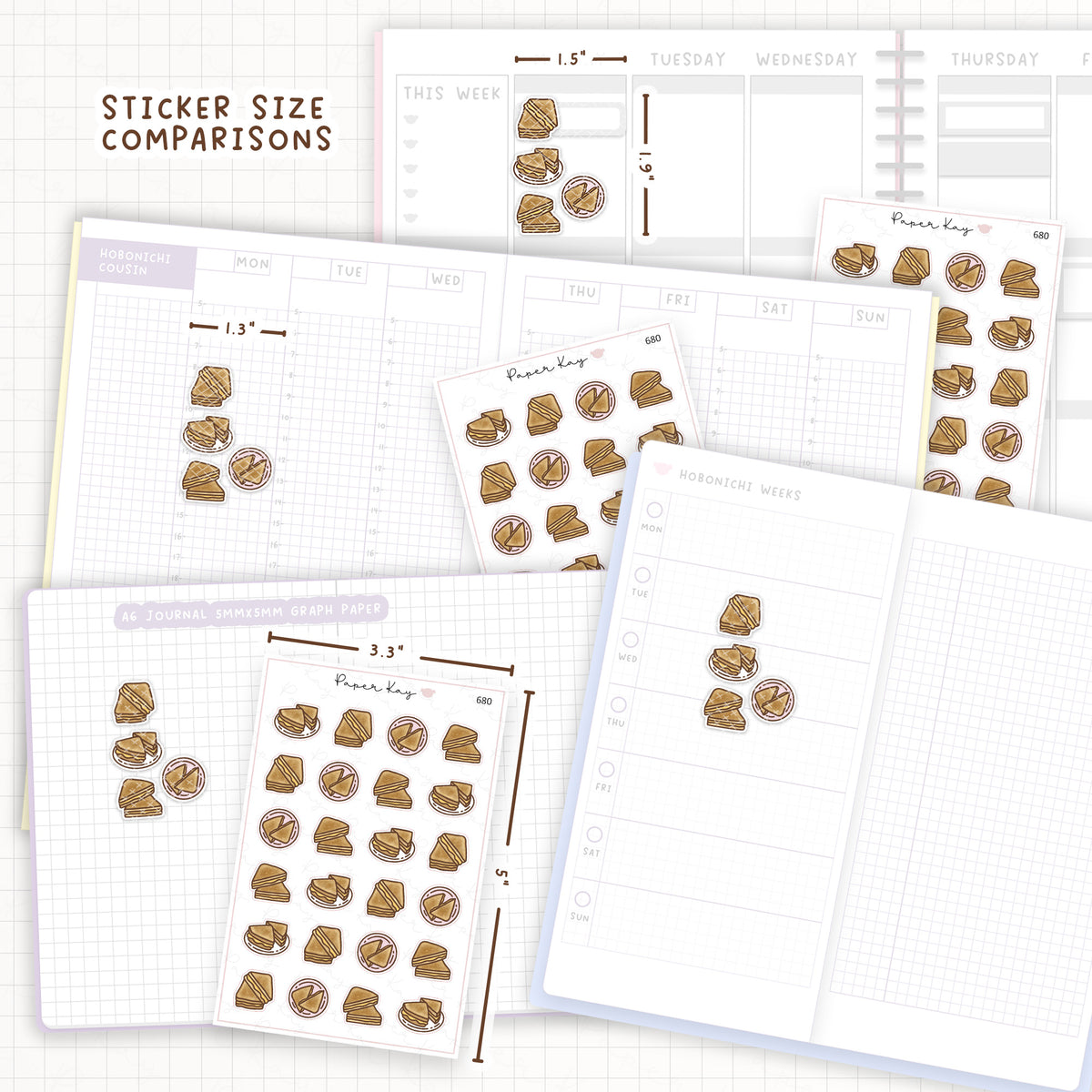 Sticker size comparisons against existing different sized planners.