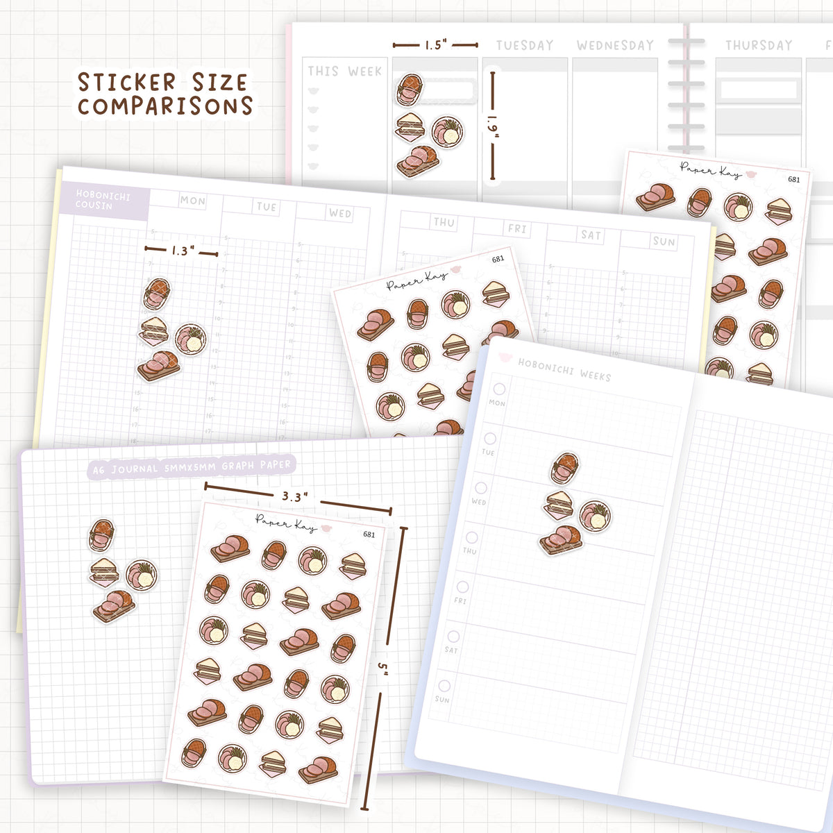 Sticker size comparisons against existing different sized planners.