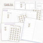 Sticker size comparisons against existing different sized planners.