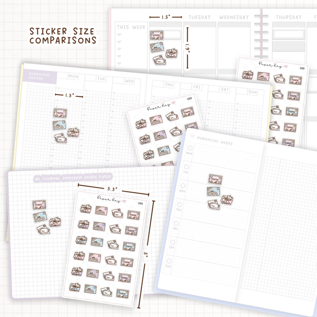 Sticker size comparisons against existing different sized planners.