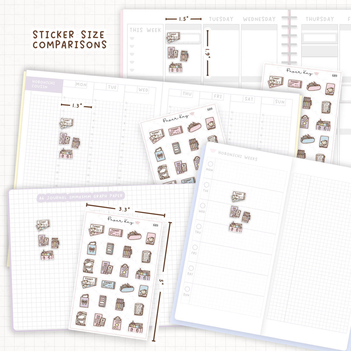 Sticker size comparisons against existing different sized planners.