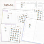 Sticker size comparisons against existing different sized planners.