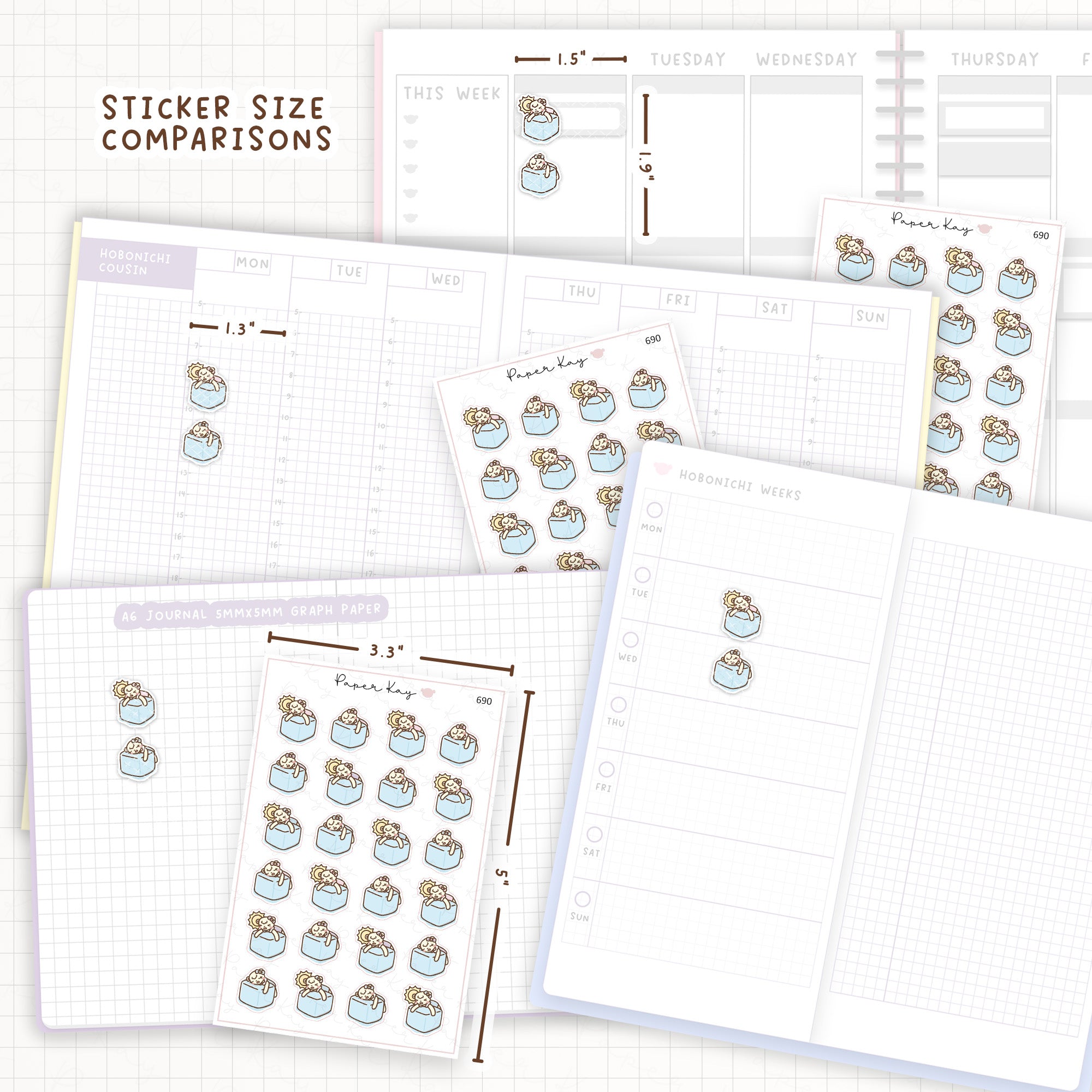 Sticker size comparisons against existing different sized planners.