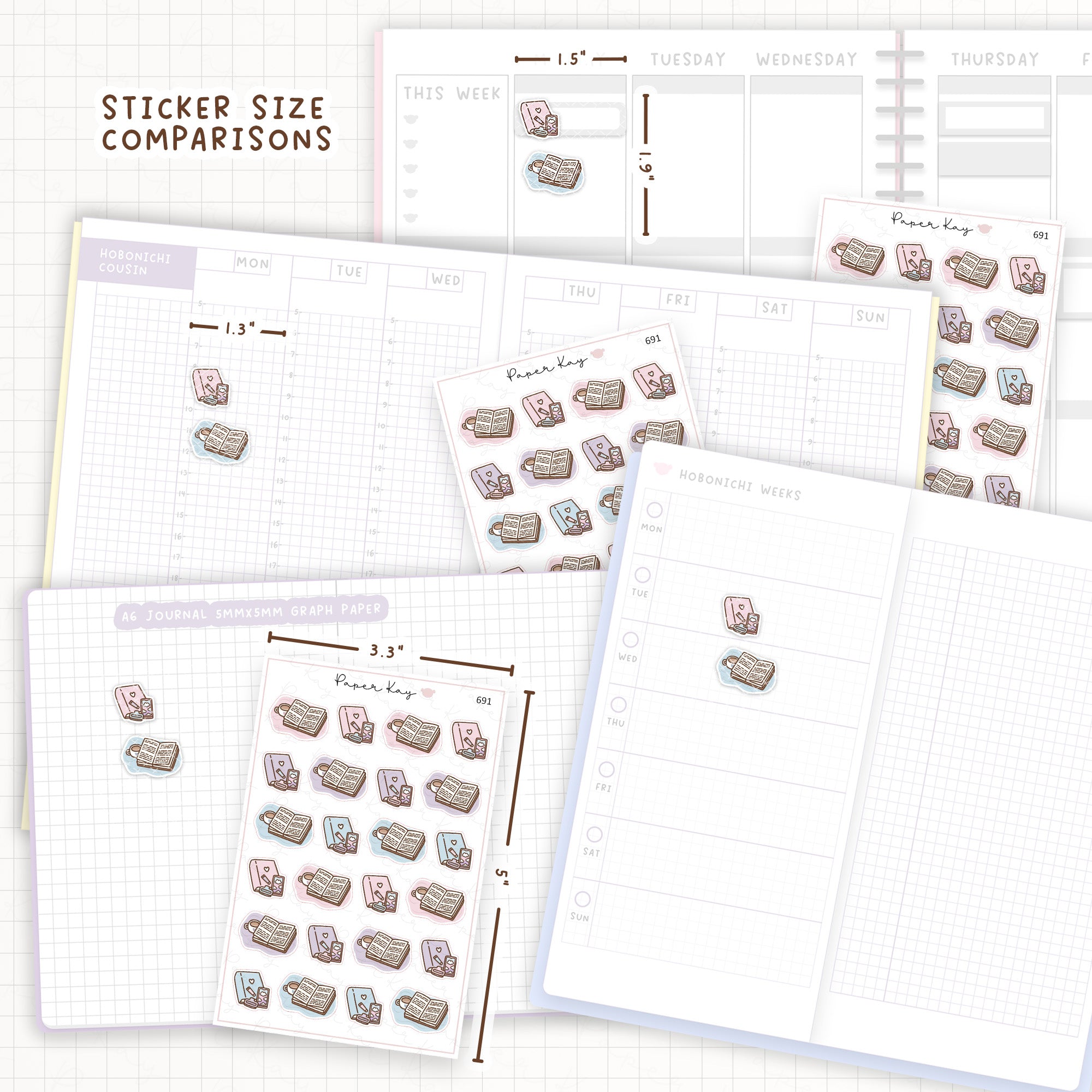Sticker size comparisons against existing different sized planners.