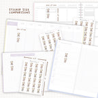 Sticker size comparisons against existing different sized planners.