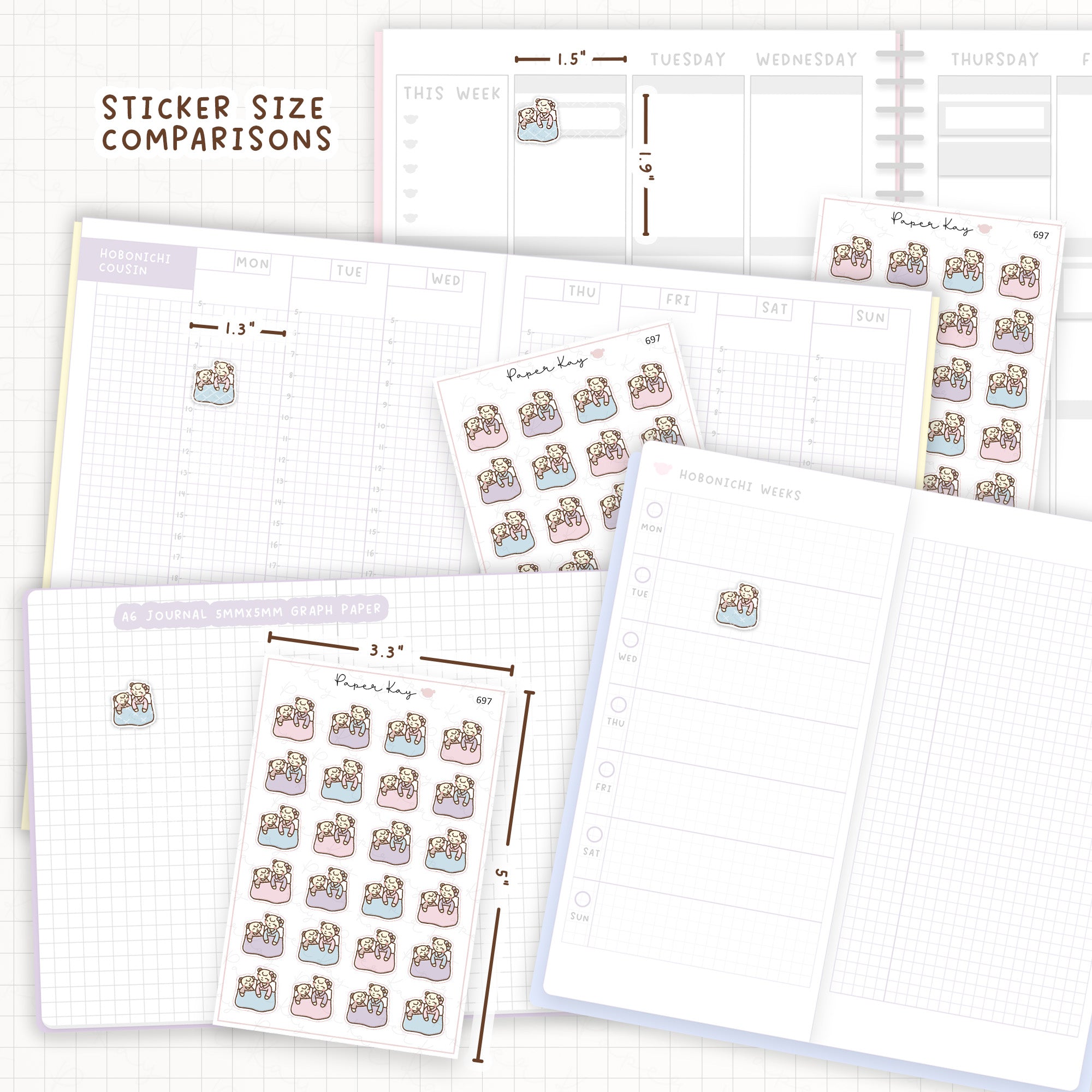Sticker size comparisons against existing different sized planners.