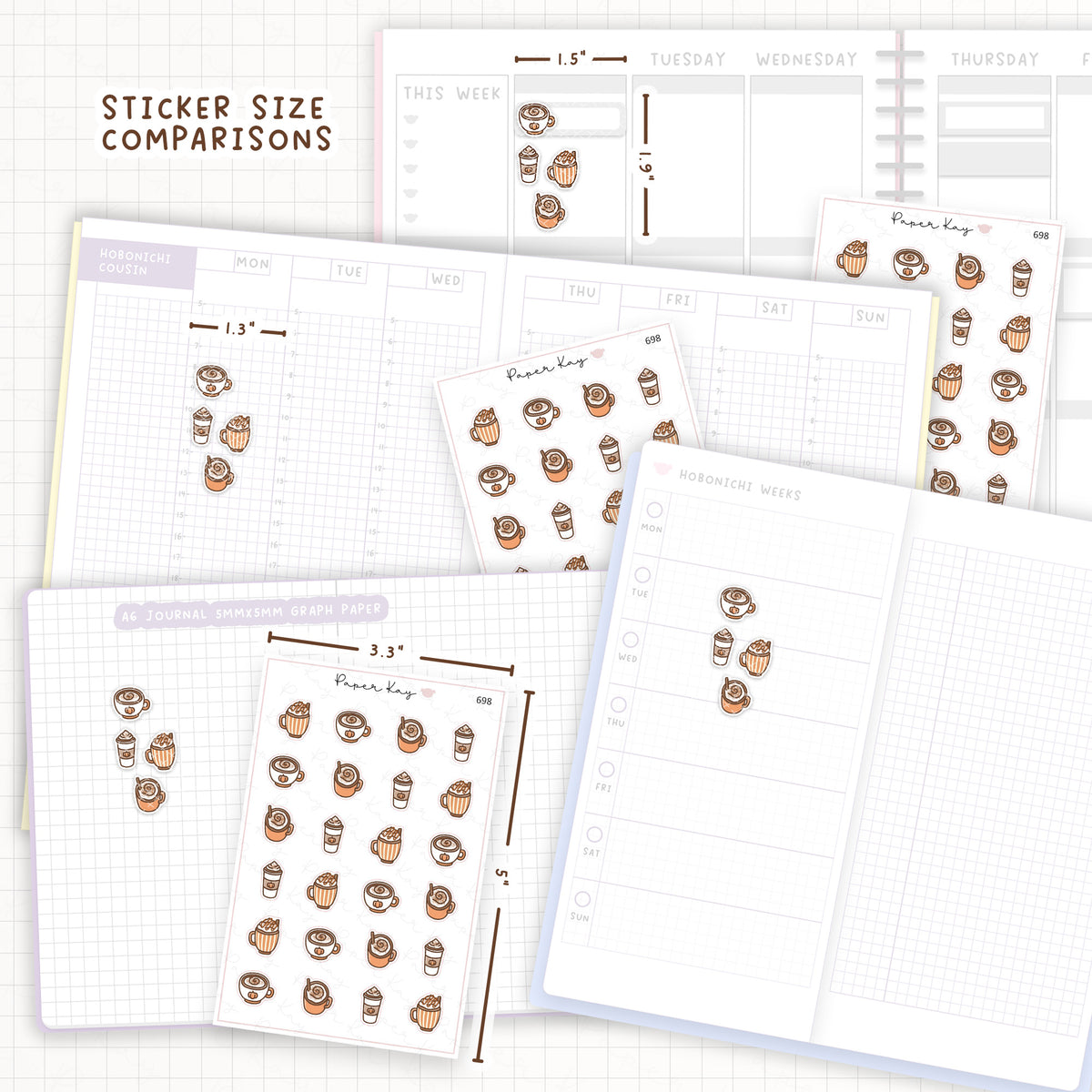 Sticker size comparisons against existing different sized planners.