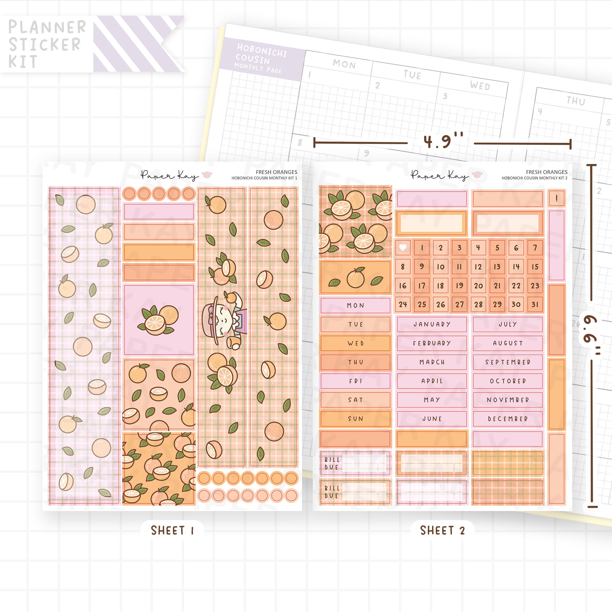 Fresh Oranges Hobonichi Cousin Monthly Sticker Kit