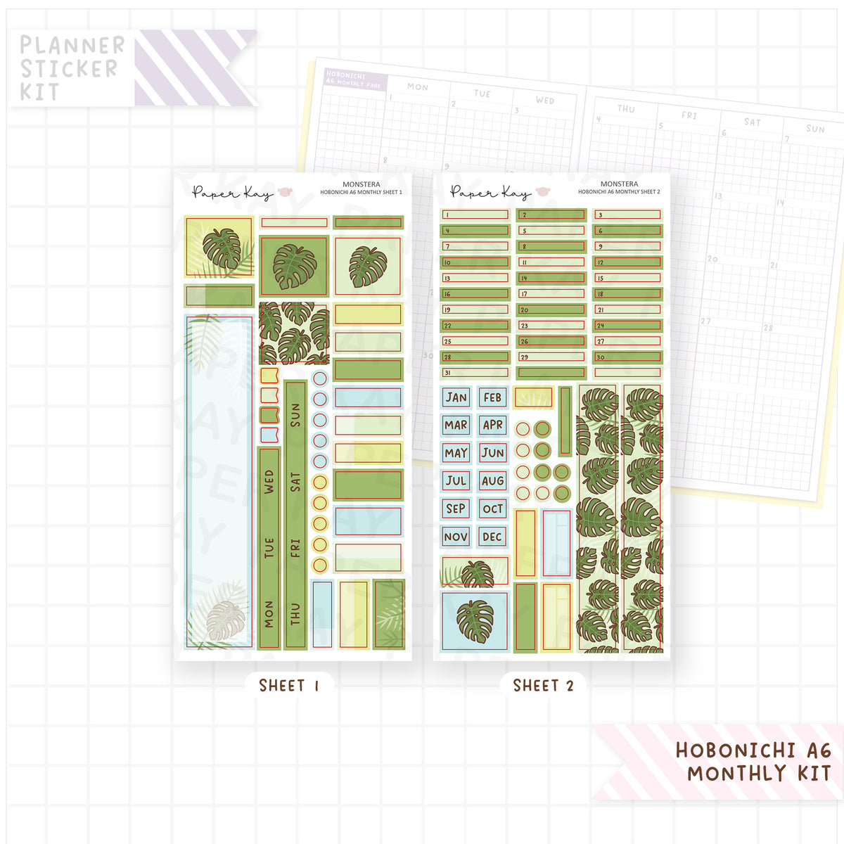 Monstera Hobonichi A6 Monthly Sticker Kit