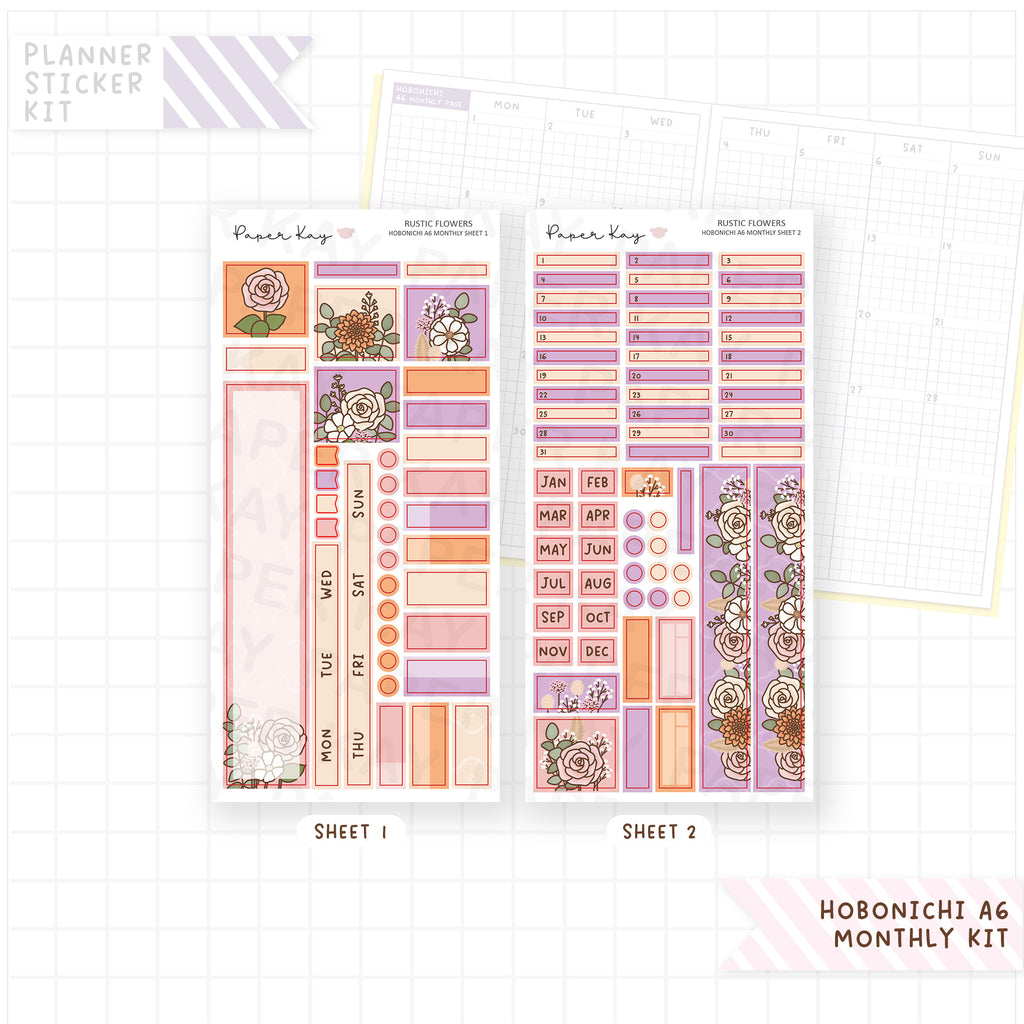 Rustic Flowers Hobonichi A6 Monthly Sticker Kit