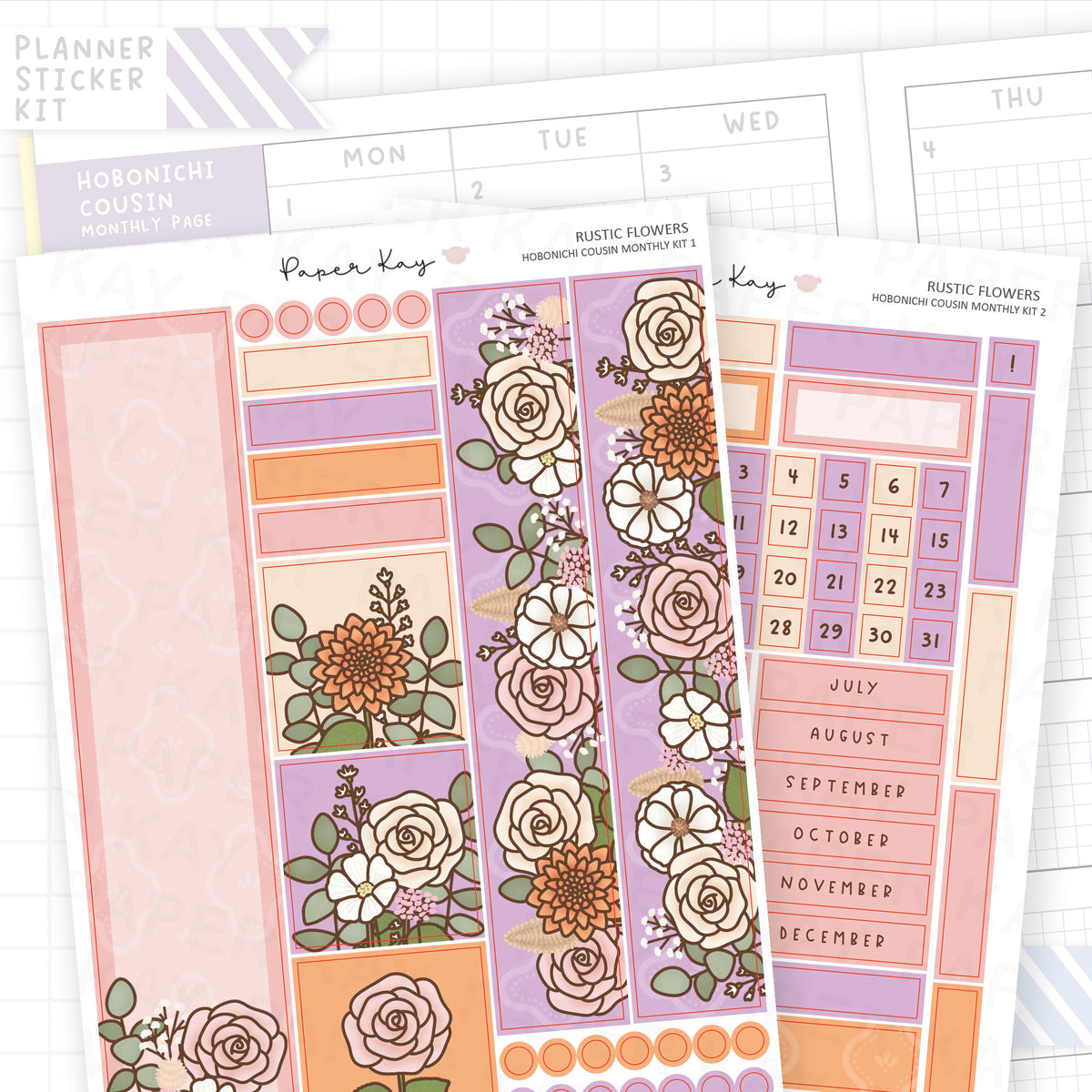 Rustic Flowers Hobonichi Cousin Monthly Sticker Kit