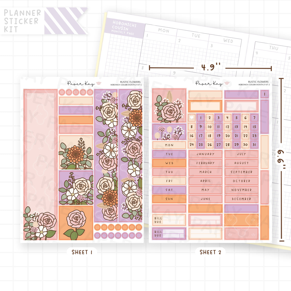 Rustic Flowers Hobonichi Cousin Monthly Sticker Kit