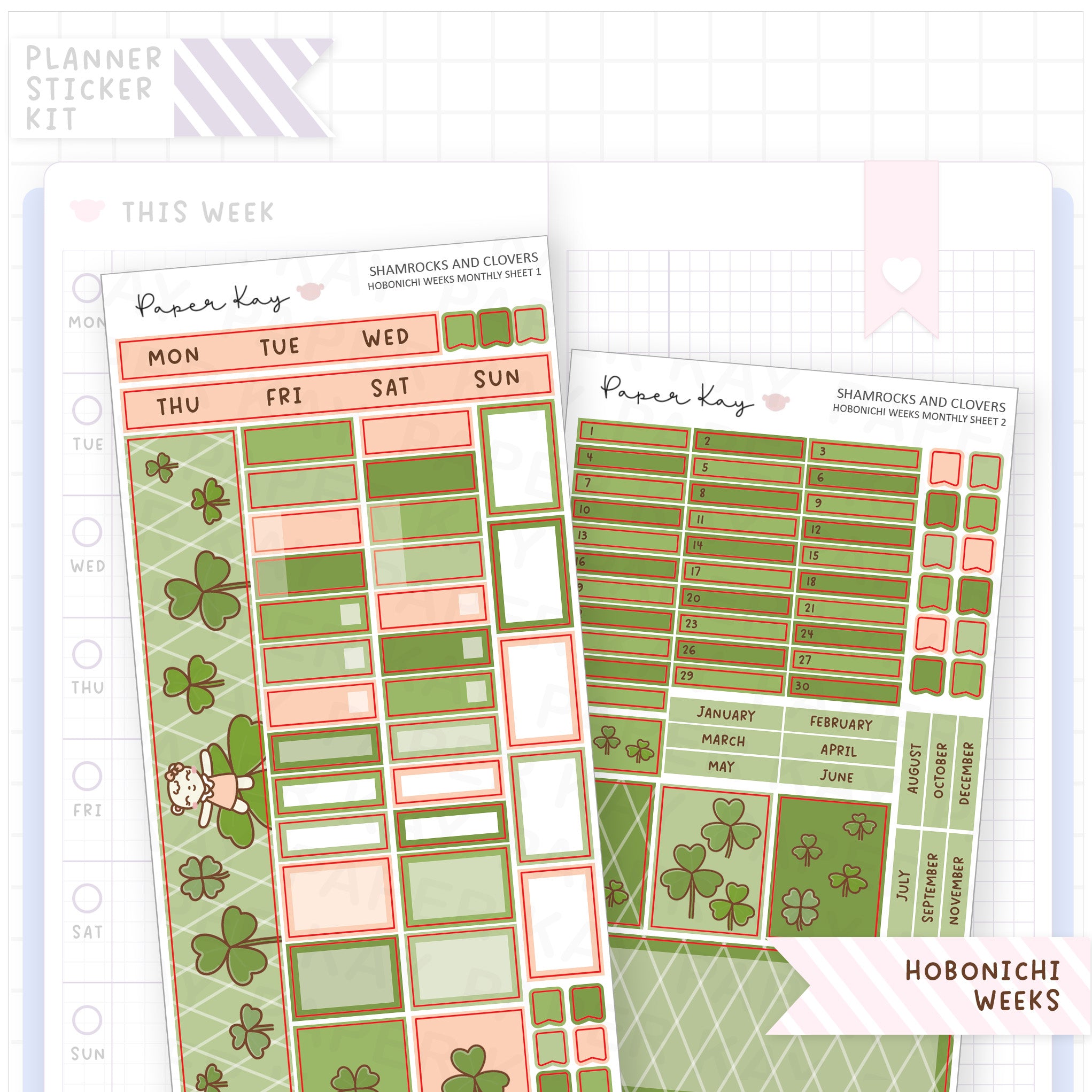 Shamrocks and Clovers Hobonichi Weeks Monthly Sticker Kit