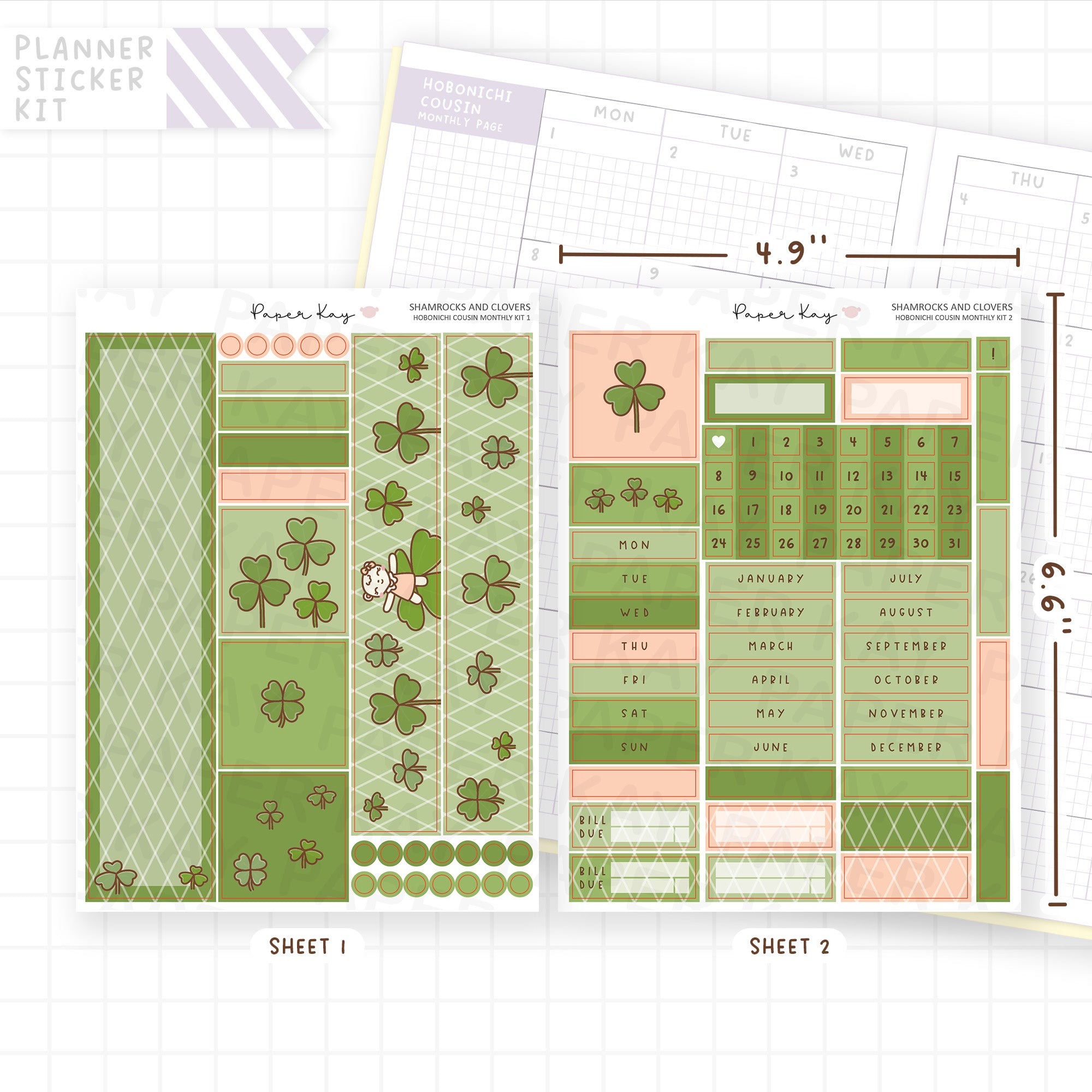 Shamrocks and Clovers Hobonichi Cousin Monthly Sticker Kit