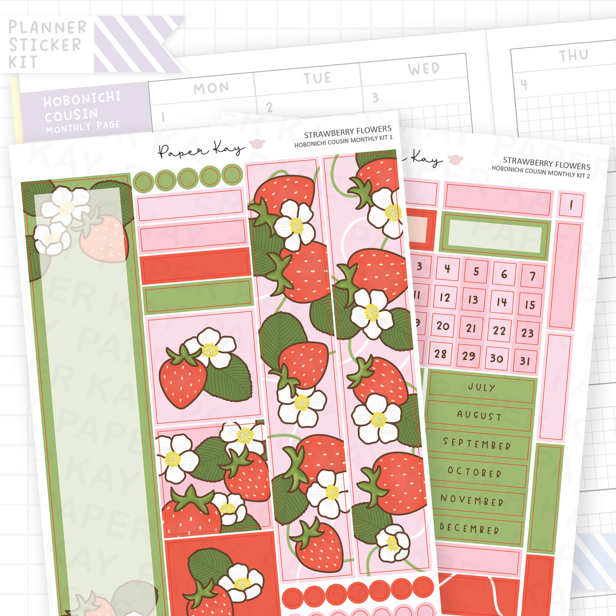 Strawberry Flowers Hobonichi Cousin Monthly Sticker Kit