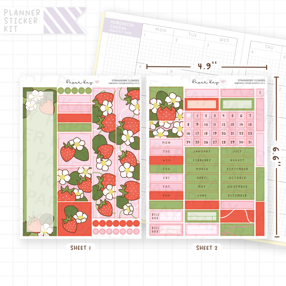 Strawberry Flowers Hobonichi Cousin Monthly Sticker Kit