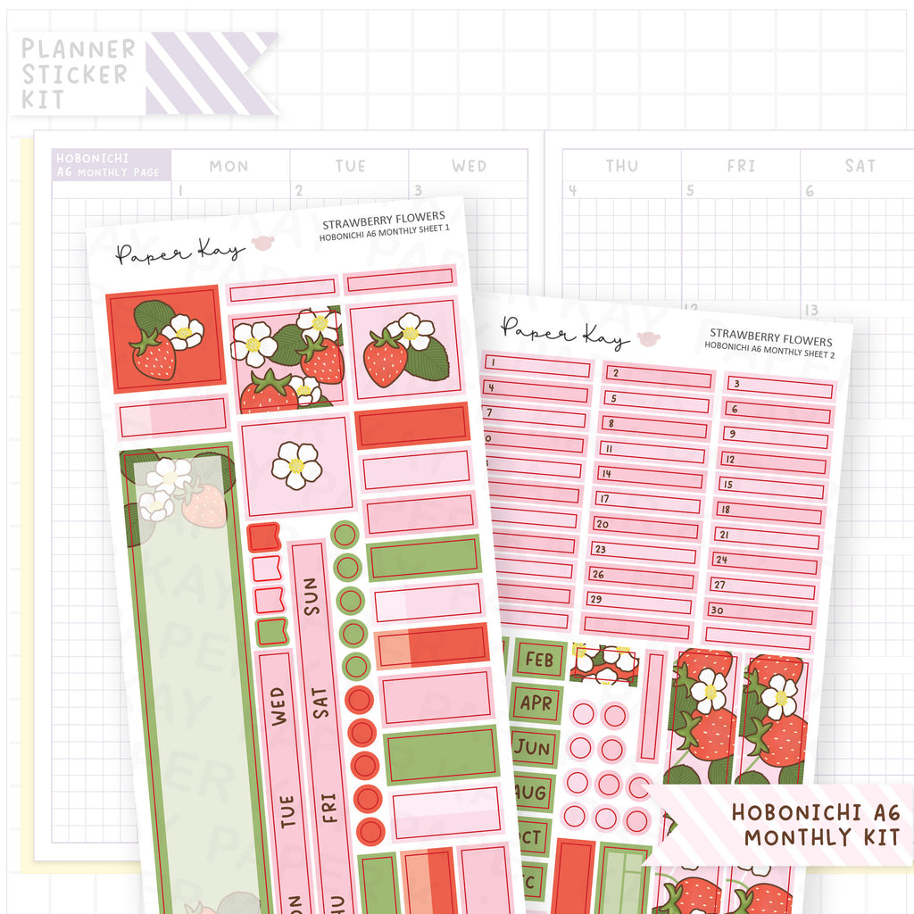 Strawberry Flowers Hobonichi A6 Monthly Sticker Kit