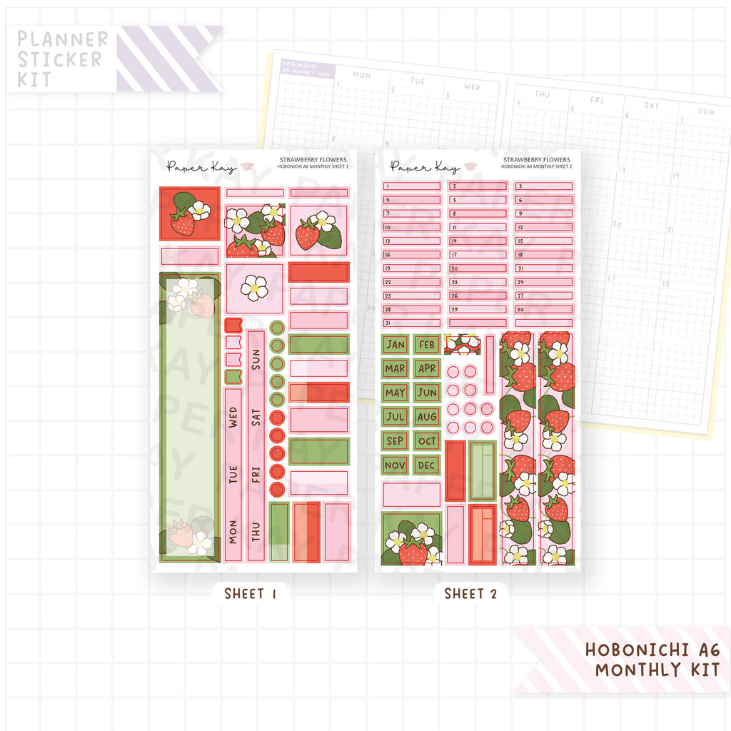 Strawberry Flowers Hobonichi A6 Monthly Sticker Kit