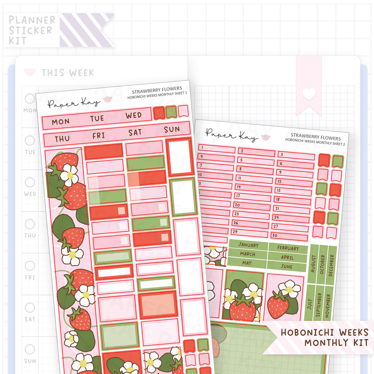 Strawberry Flowers Hobonichi Weeks Monthly Sticker Kit