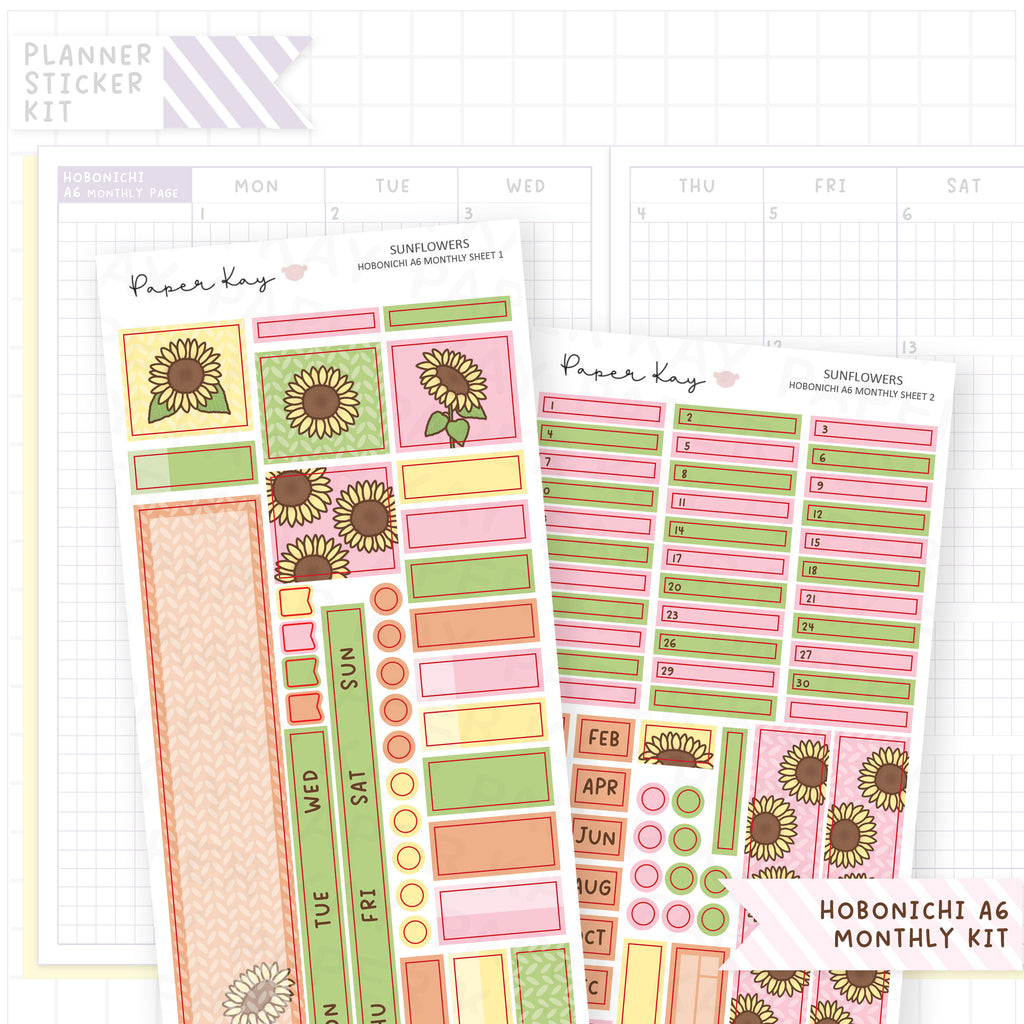Sunflowers Hobonichi A6 Monthly Sticker Kit
