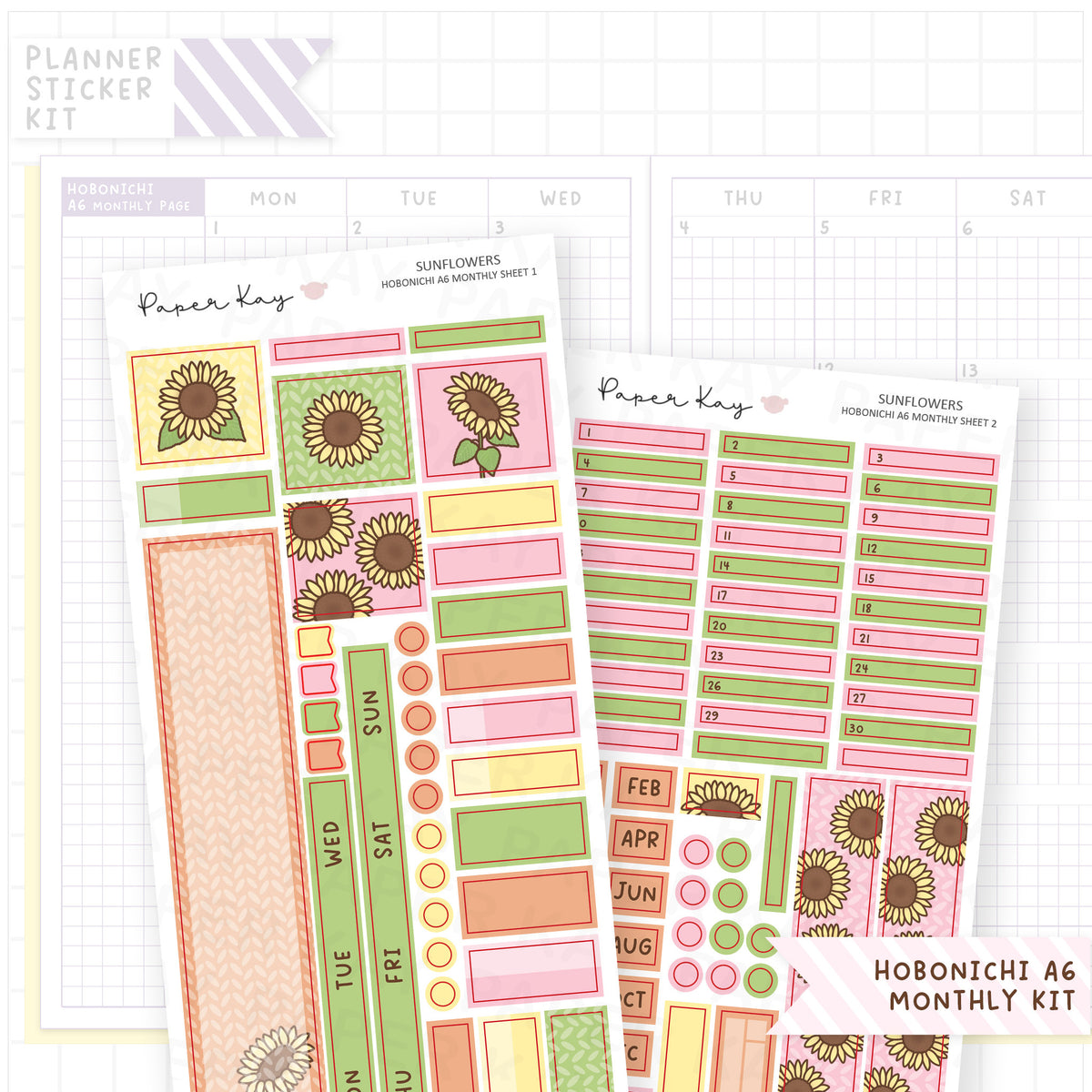 Sunflowers Hobonichi A6 Monthly Sticker Kit