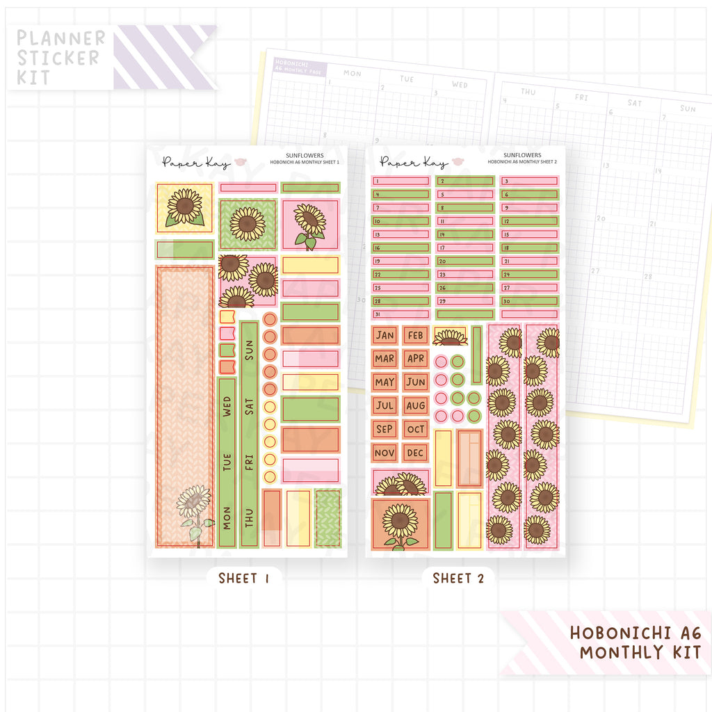 Sunflowers Hobonichi A6 Monthly Sticker Kit
