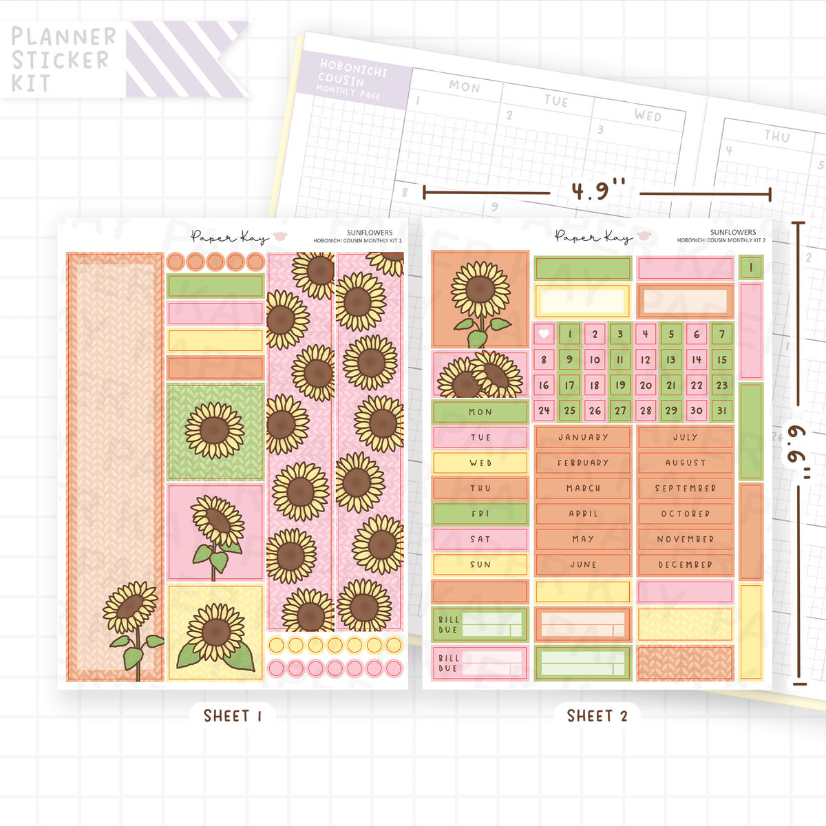 Sunflowers Hobonichi Cousin Monthly Sticker Kit