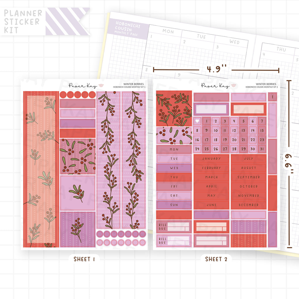 Winter Berries Hobonichi Cousin Monthly Sticker Kit