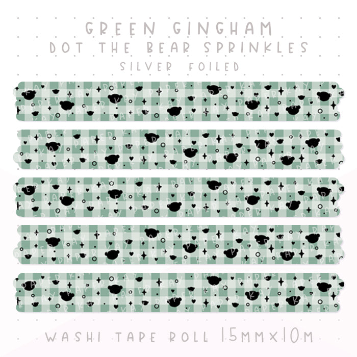 Green Gingham Dot the Bear Sprinkles Washi Tape | Silver Foiled | Happy Holidays Collection