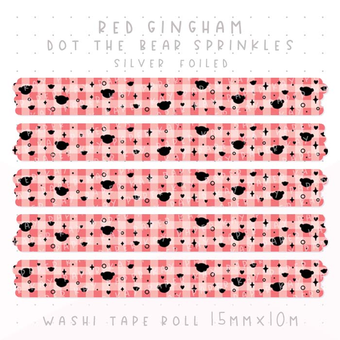 Red Gingham Dot the Bear Sprinkles Washi Tape | Silver Foiled | Happy Holidays Collection
