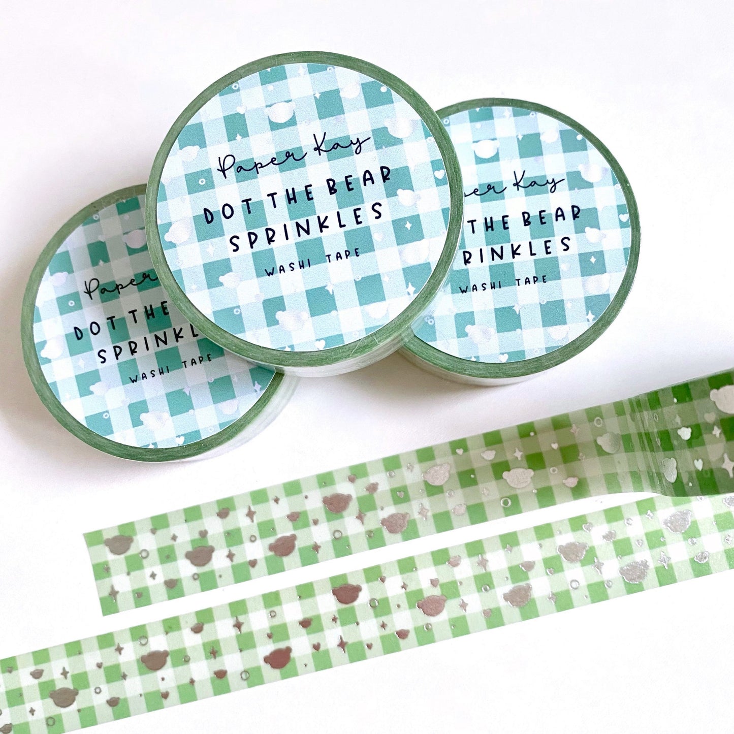 Green Gingham Dot the Bear Sprinkles Washi Tape | Silver Foiled | Happy Holidays Collection