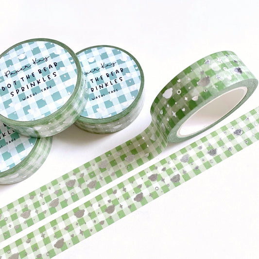 Green Gingham Dot the Bear Sprinkles Washi Tape | Silver Foiled | Happy Holidays Collection