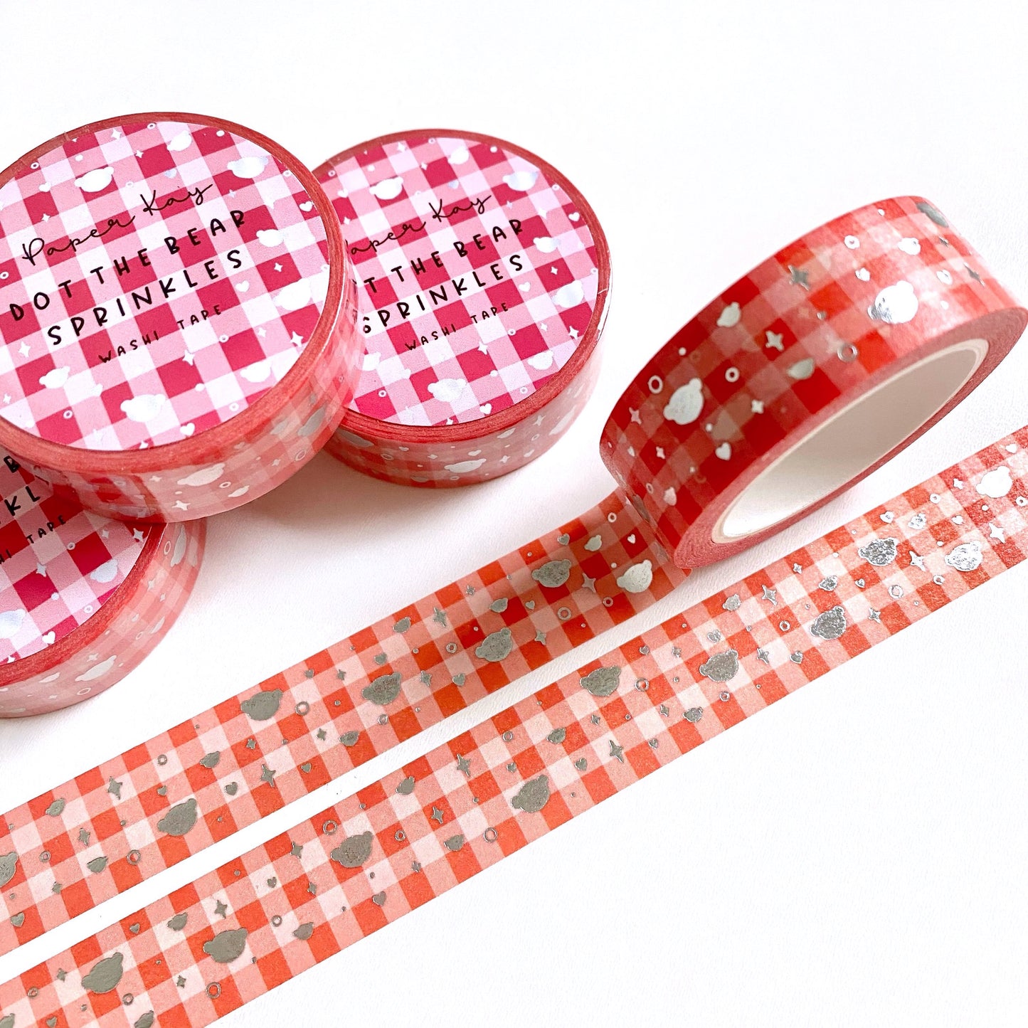 Red Gingham Dot the Bear Sprinkles Washi Tape | Silver Foiled | Happy Holidays Collection
