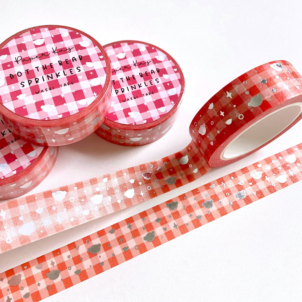 Red Gingham Dot the Bear Sprinkles Washi Tape | Silver Foiled | Happy Holidays Collection